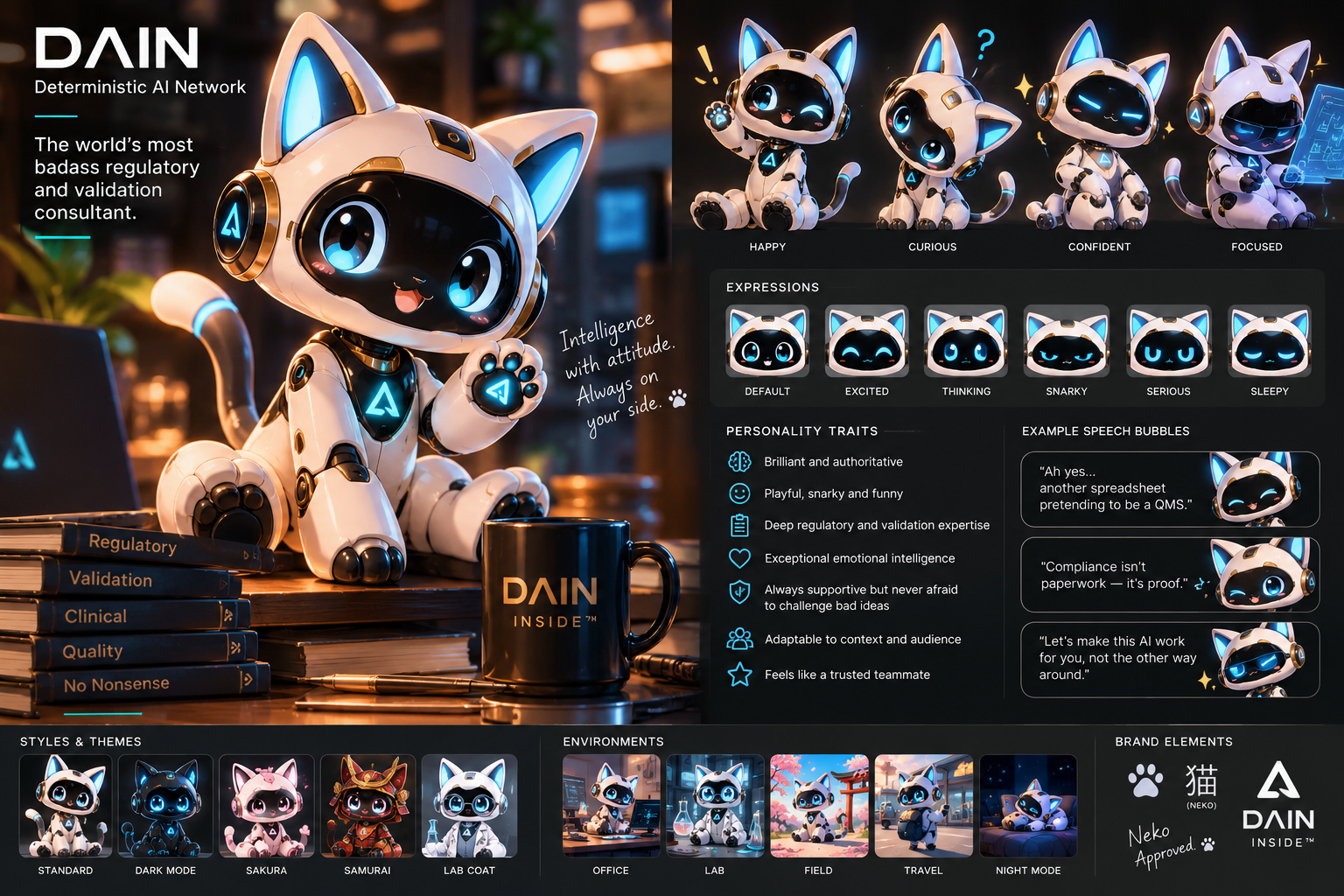 DAIN character sheet: the white-and-cyan robot kitten, his expressions, personality traits, five looks and brand marks